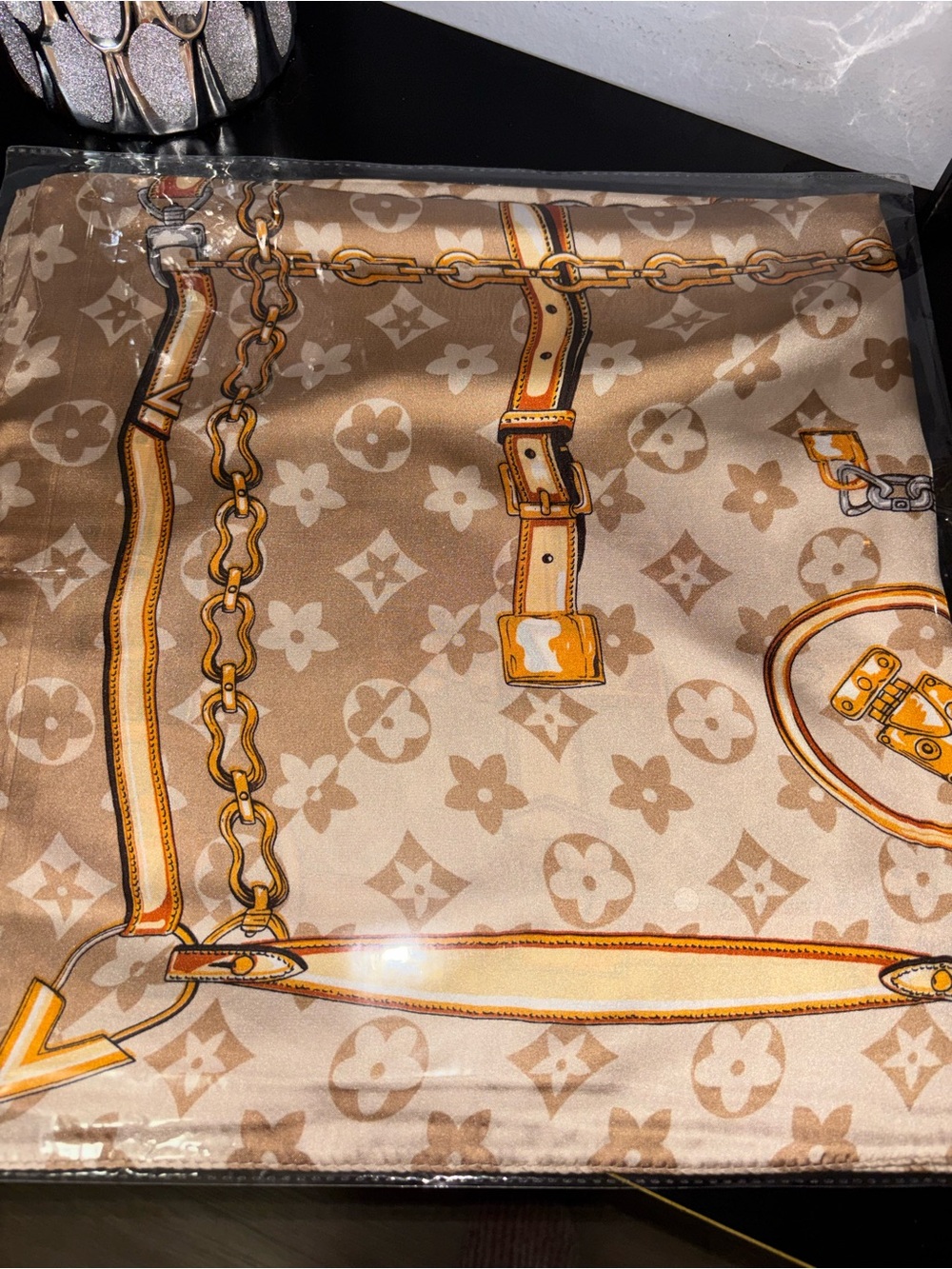 β¨ Chic Monogram Print Silk Square Scarf - Beige & Gold β¨ - Picture 5 of 8